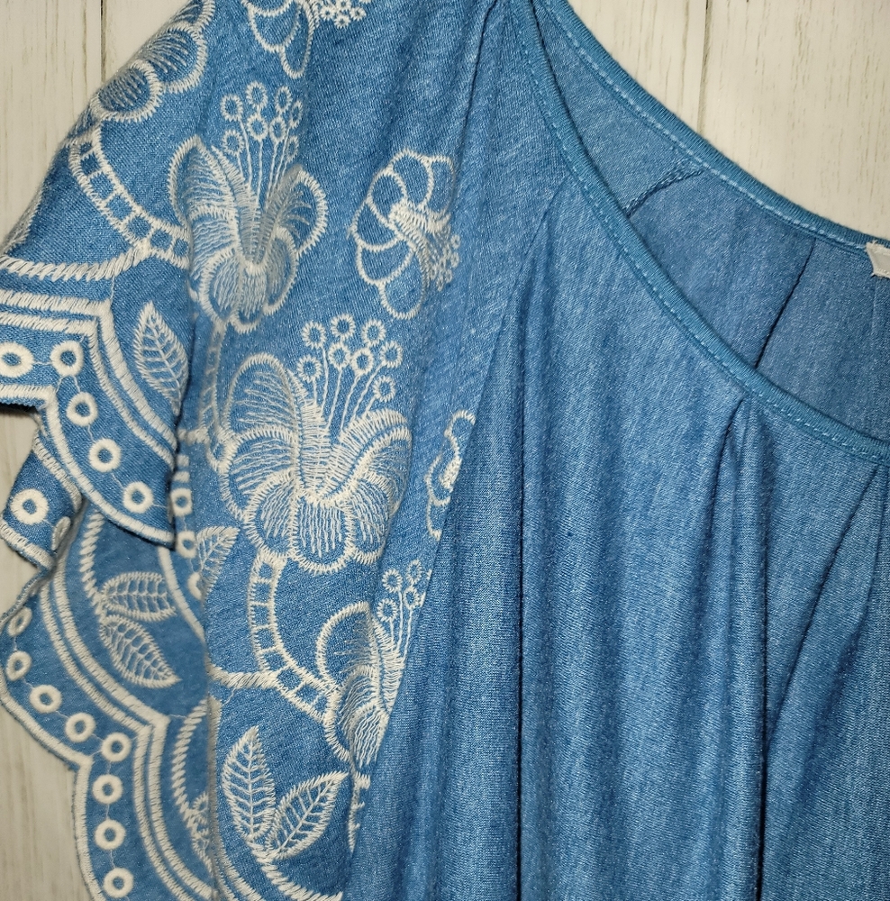 FEVER Short Sleeve BOHO Embroidered Top blue xl - Picture 2 of 5